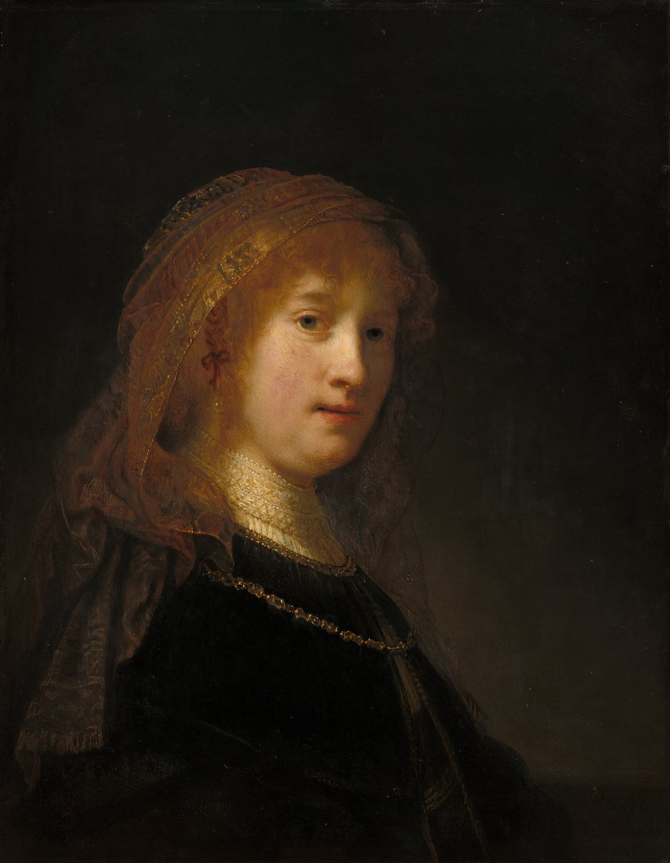 Saskia van Uylenburgh, kunstnerens kone, begynte sannsynligvis 16341635 og fullførte 16381640. av Rembrandt van Rijn