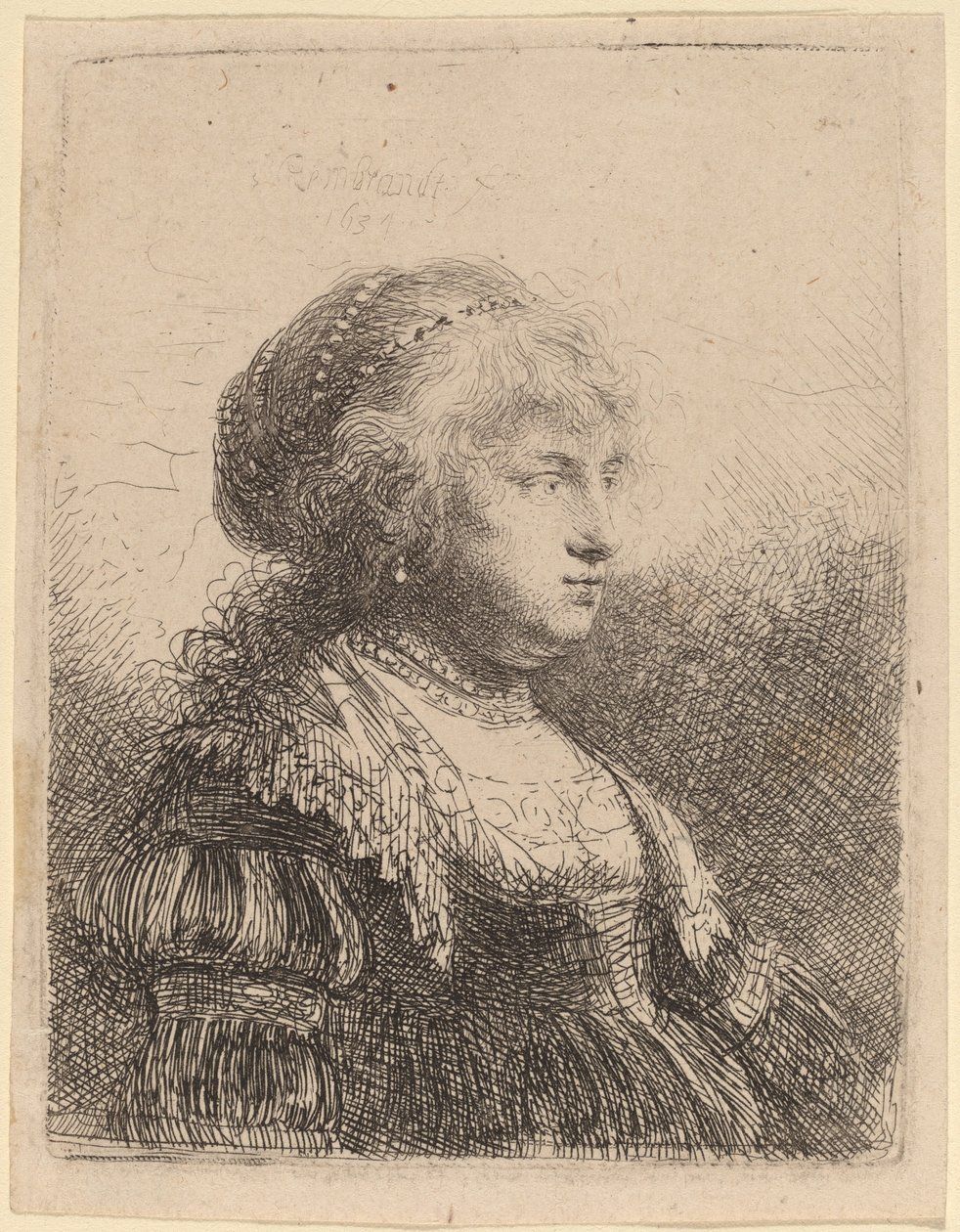 Saskia med perler i håret av Rembrandt van Rijn