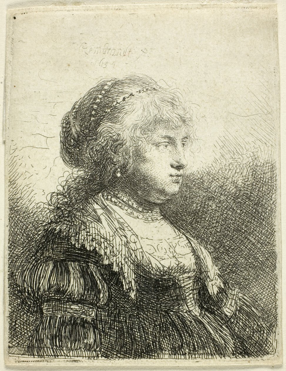 Saskia med perler i håret av Rembrandt van Rijn