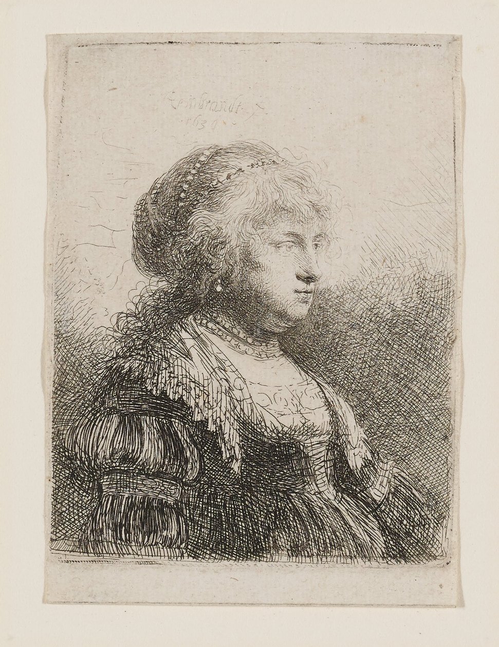Saskia med perler i håret av Rembrandt van Rijn