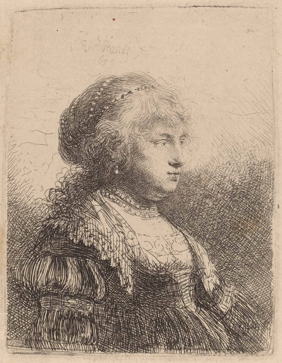 Saskia med perler i håret, 1634 av Rembrandt van Rijn