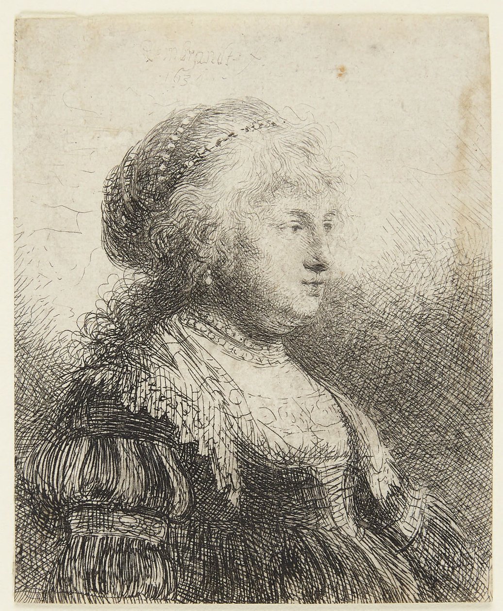 Saskia med perler i håret av Rembrandt van Rijn