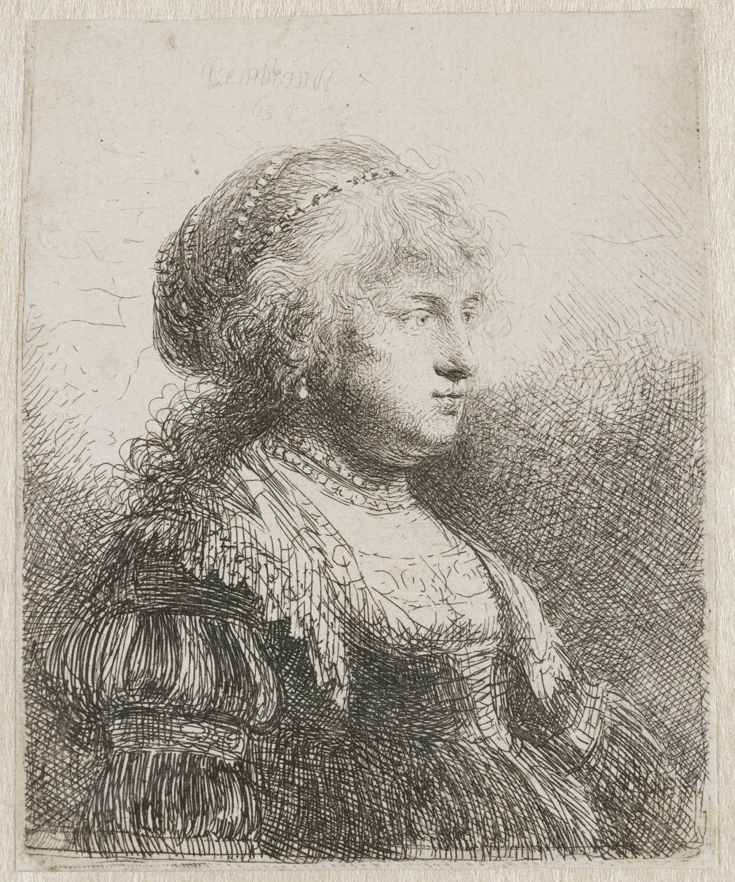 Saskia med perler i håret av Rembrandt van Rijn