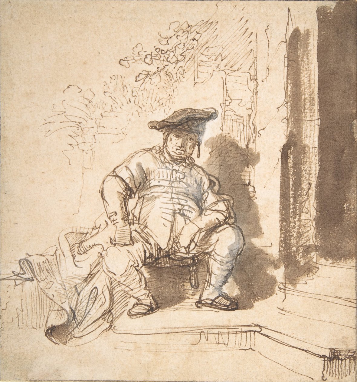 Sittende mann med flat hette, 1635-40. av Rembrandt van Rijn