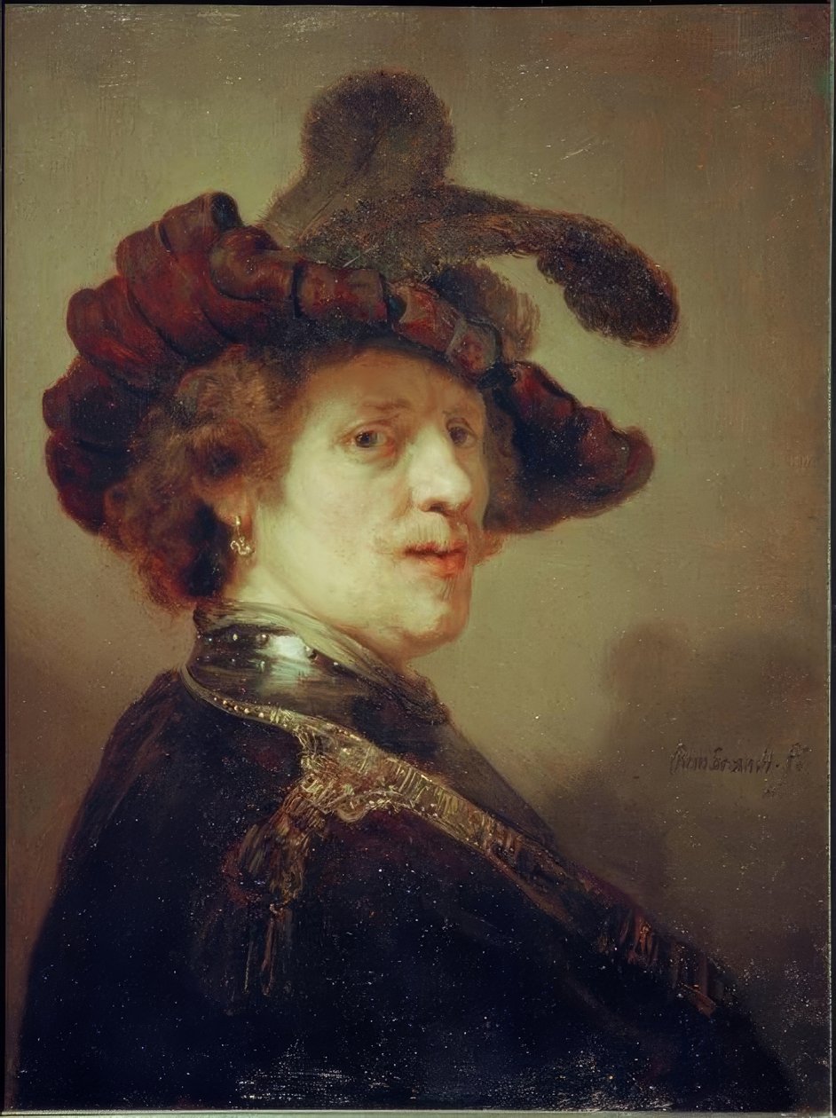 Selvportrett med fjærhatt av Rembrandt van Rijn