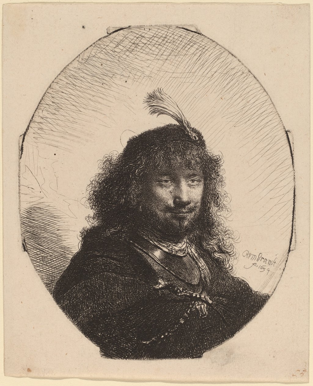 Selvportrett (?) med plymerhette og senket sabel av Rembrandt van Rijn