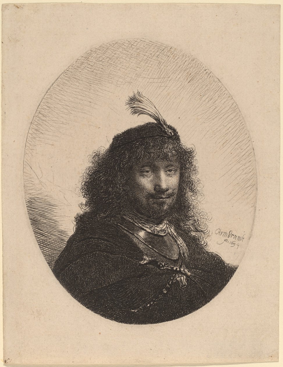 Selvportrett (?) med plymerhette og senket sabel av Rembrandt van Rijn