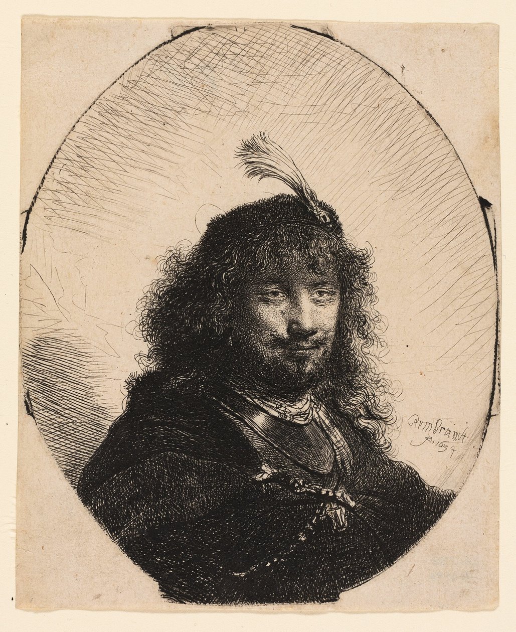 Selvportrett (?) med plymerhette og senket sabel av Rembrandt van Rijn