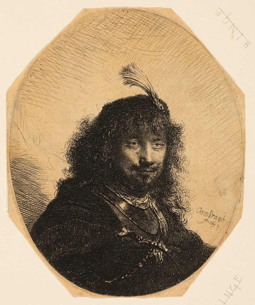 Selvportrett (?) med plymerhette og senket sabel av Rembrandt van Rijn