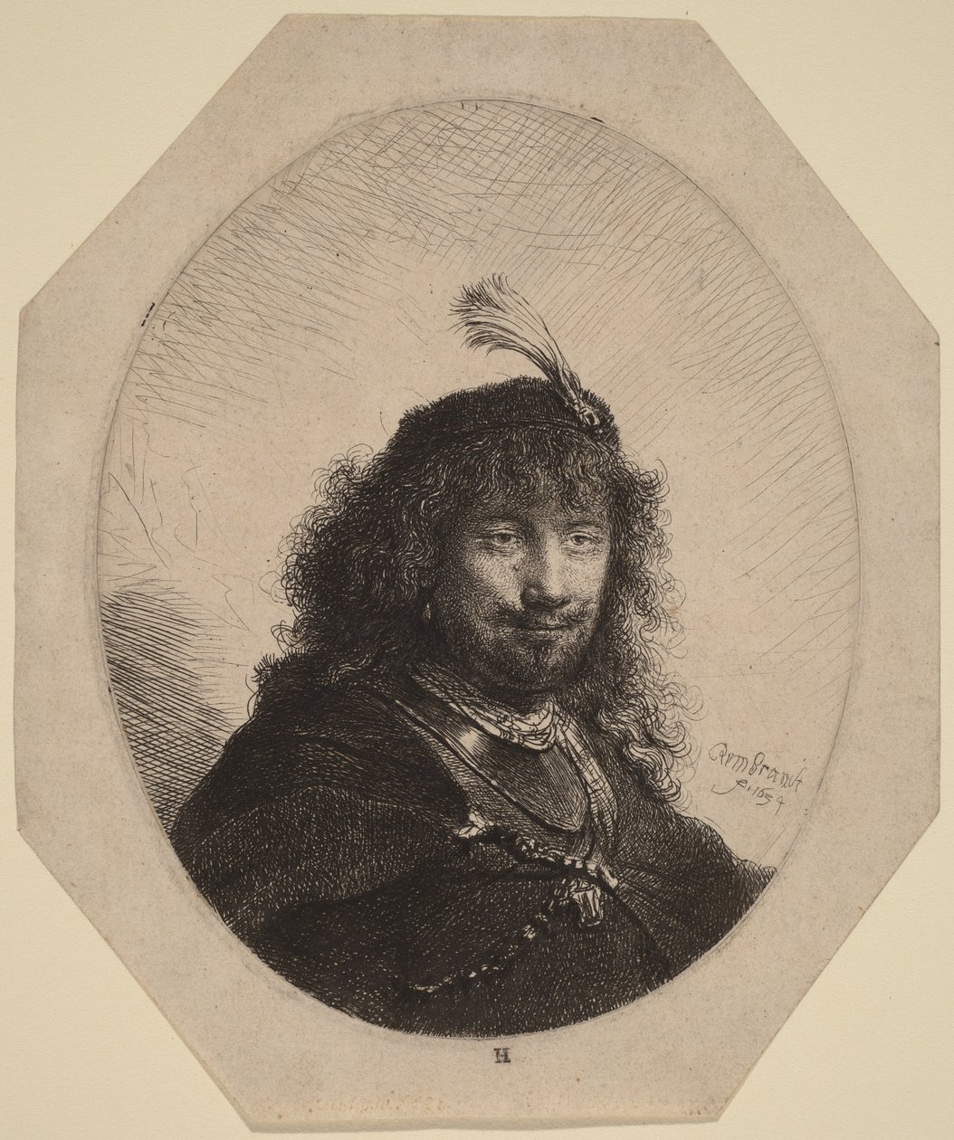 Selvportrett () med fjærprydet lue og nedsenket sabel av Rembrandt van Rijn