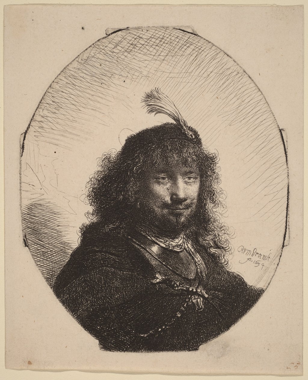 Selvportrett () med fjærprydet lue og nedsenket sabel av Rembrandt van Rijn