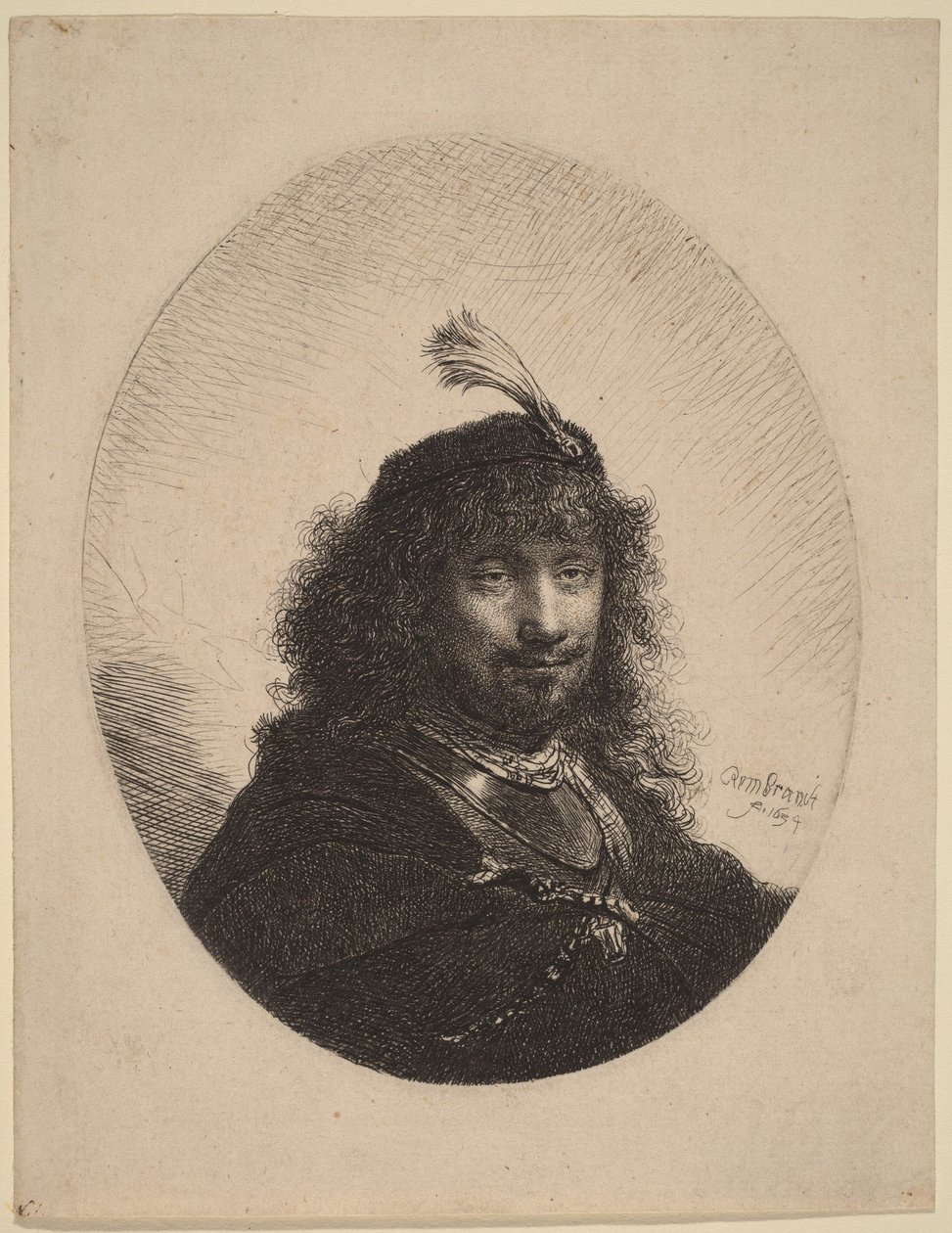 Selvportrett () med fjærprydet lue og nedsenket sabel av Rembrandt van Rijn