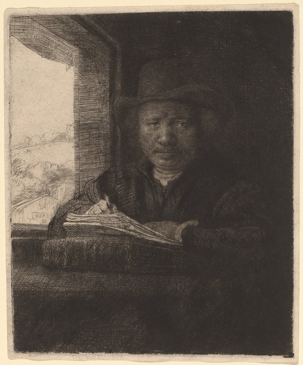 Selvportrett tegning ved et vindu av Rembrandt van Rijn