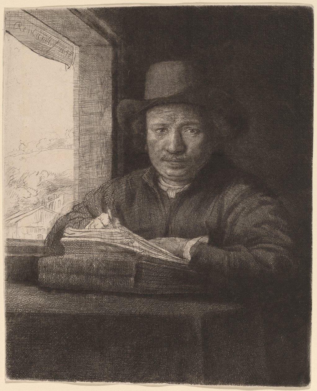 Selvportrett tegning ved et vindu av Rembrandt van Rijn