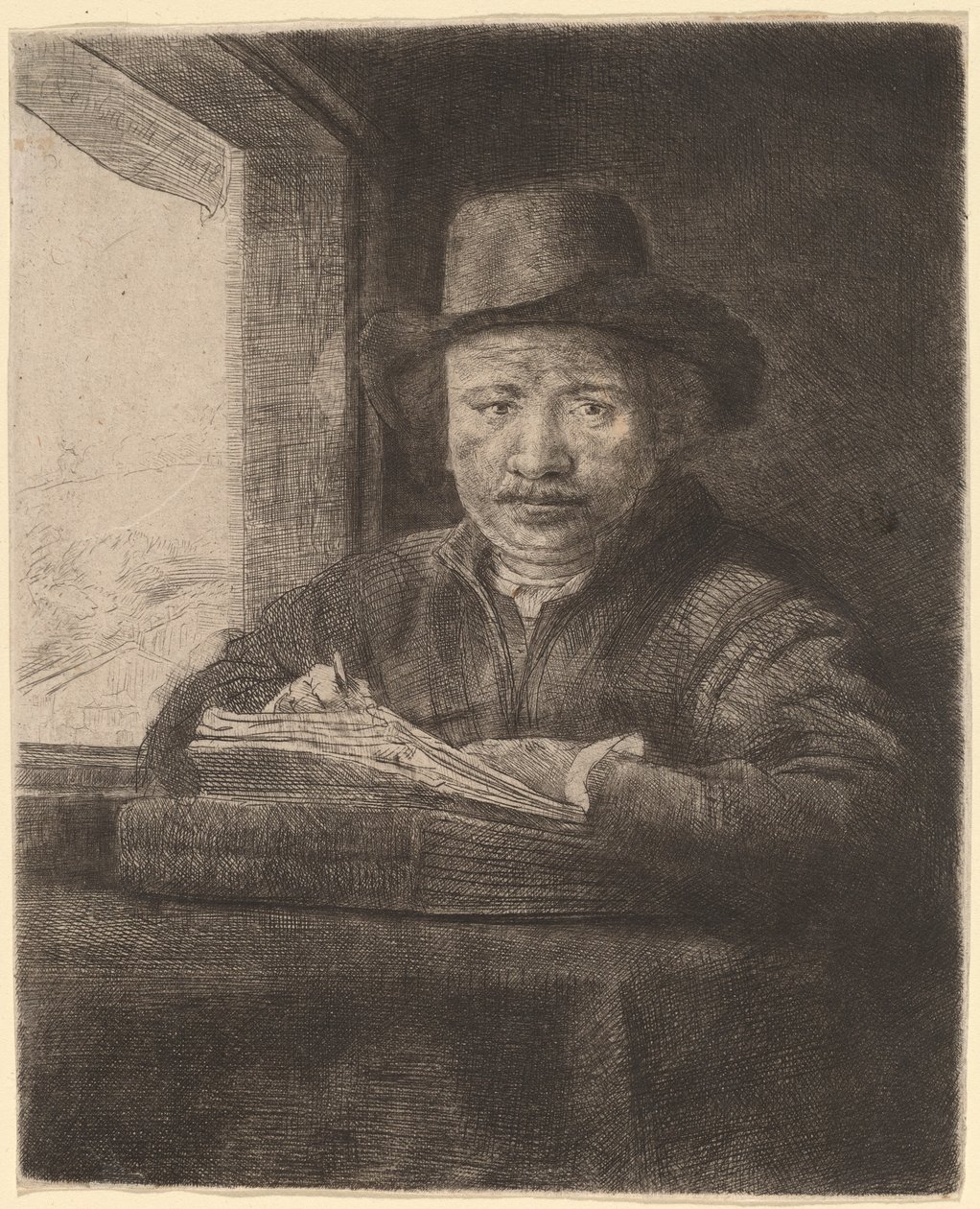 Selvportrett tegning ved et vindu av Rembrandt van Rijn