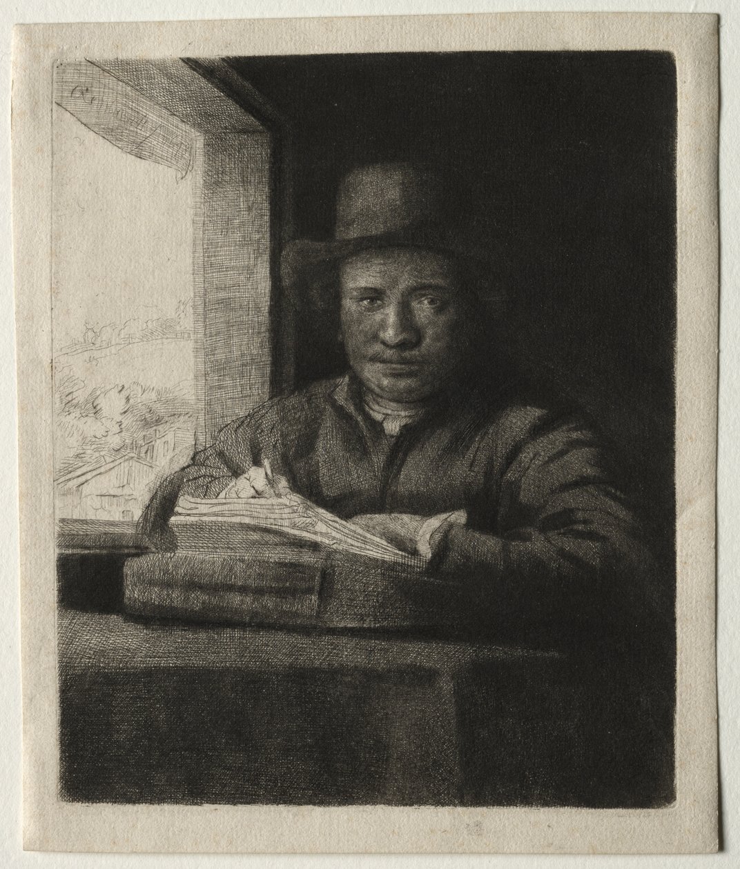 Selvportrett tegning ved et vindu av Rembrandt van Rijn