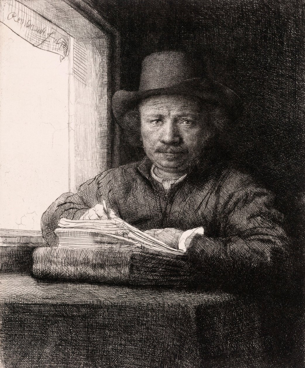 Selvportrett tegning ved et vindu av Rembrandt van Rijn av Rembrandt van Rijn