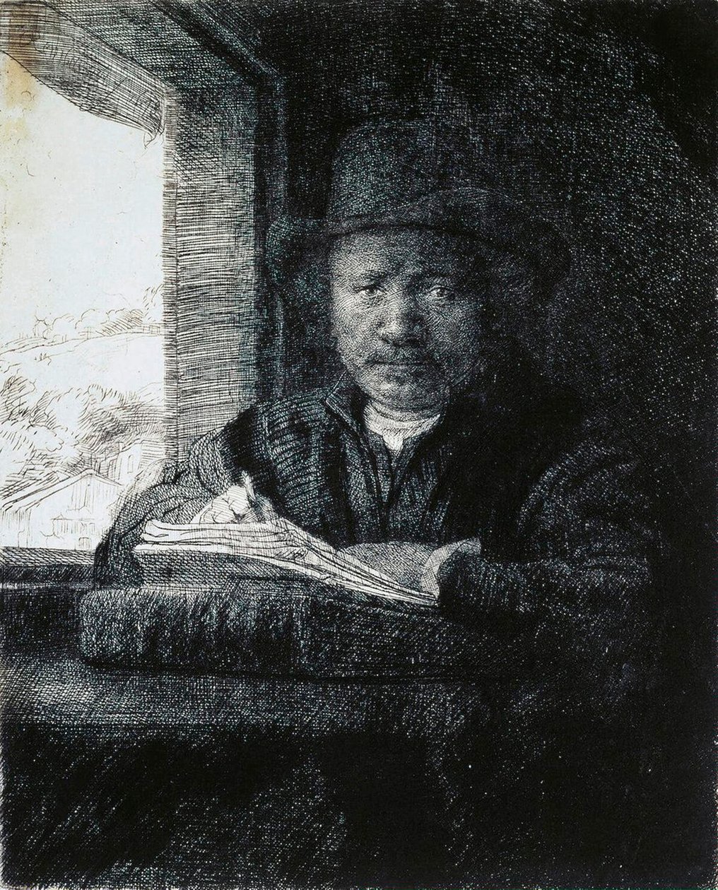 Selvportrett tegning ved et vindu, 1648. av Rembrandt van Rijn