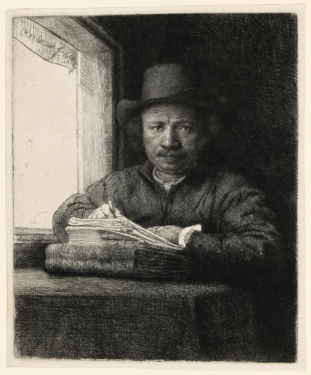 Selvportrett etsing ved et vindu av Rembrandt van Rijn