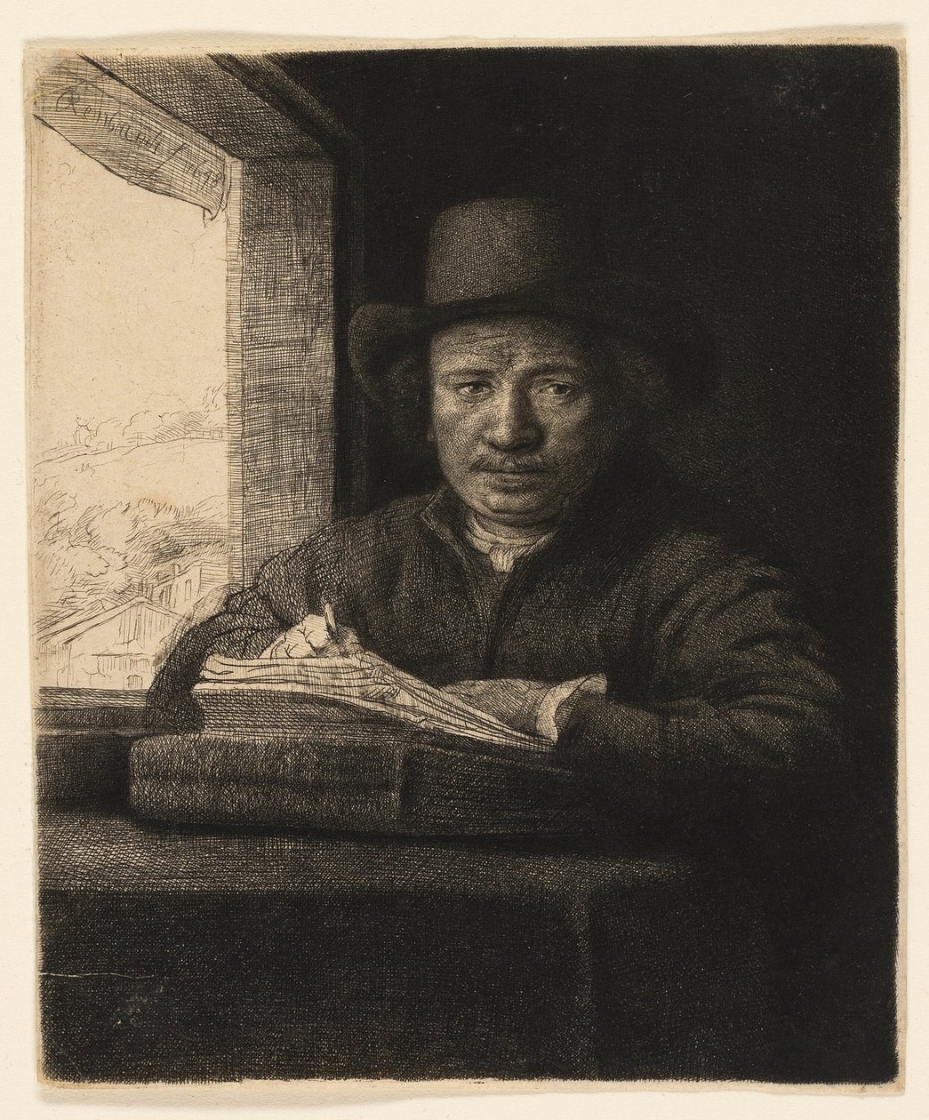 Selvportrett Etsning ved et vindu av Rembrandt van Rijn