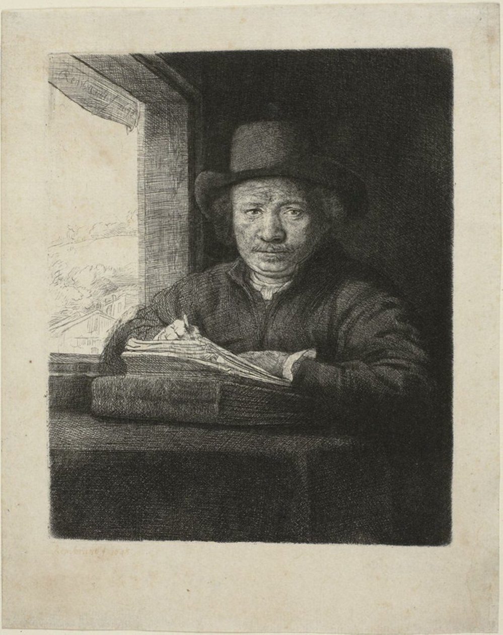 Selvportrett Etsning ved et vindu av Rembrandt van Rijn