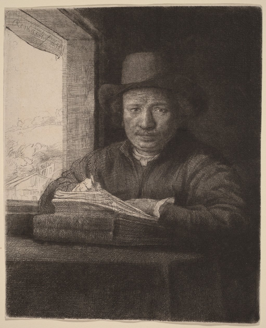 Selvportrett – etsning ved et vindu av Rembrandt van Rijn