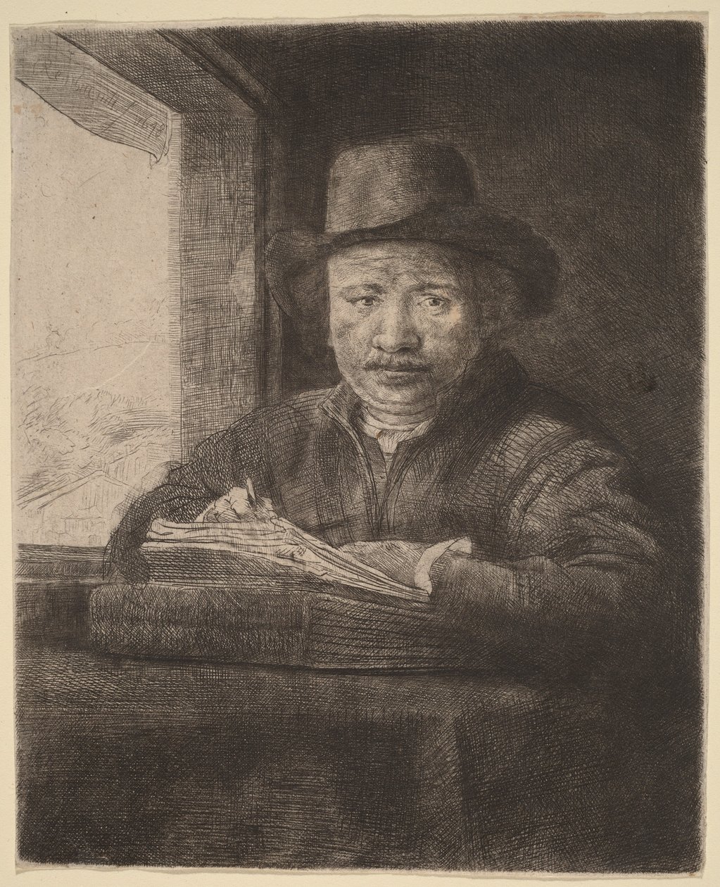Selvportrett – etsning ved et vindu av Rembrandt van Rijn