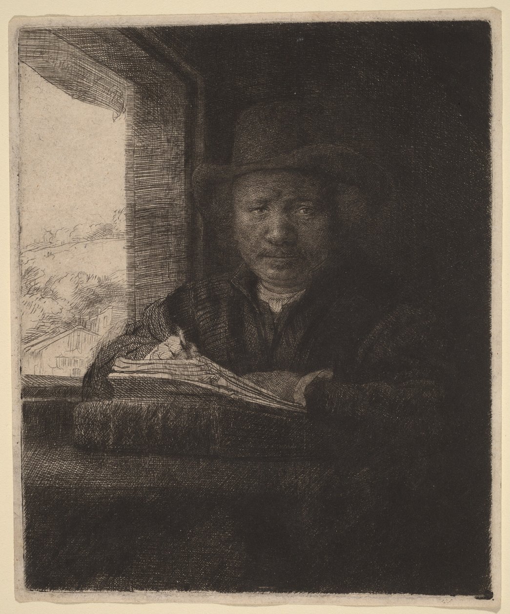 Selvportrett – etsning ved et vindu av Rembrandt van Rijn