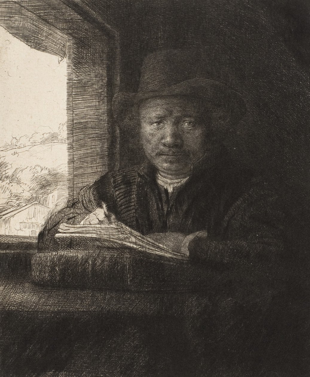 Selvportrett etsing ved et vindu, 1648., 1648. av Rembrandt van Rijn