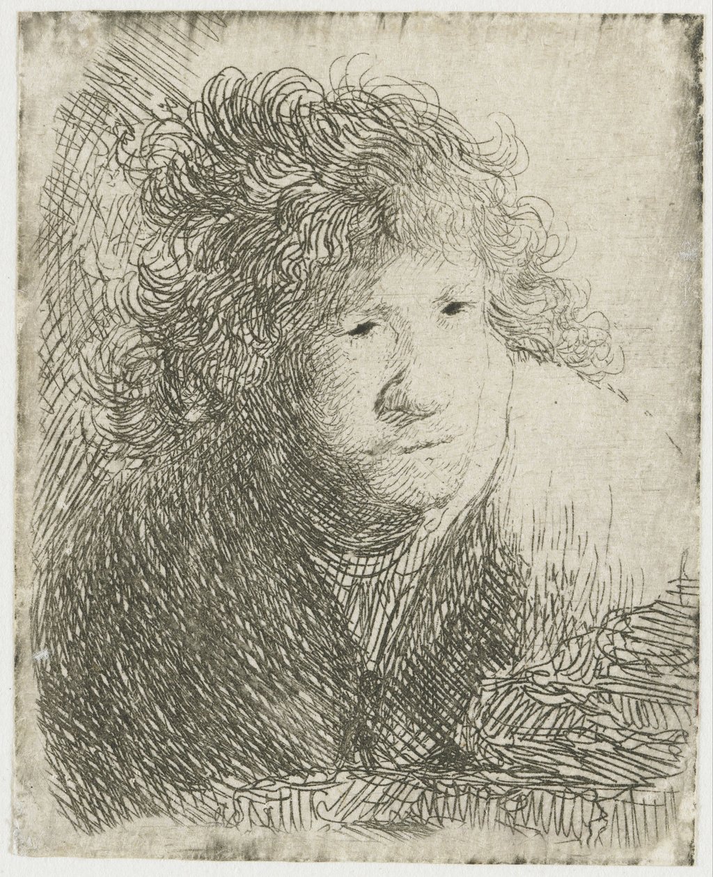 Selvportrett, lener seg fremover, lytter, 1628. av Rembrandt van Rijn