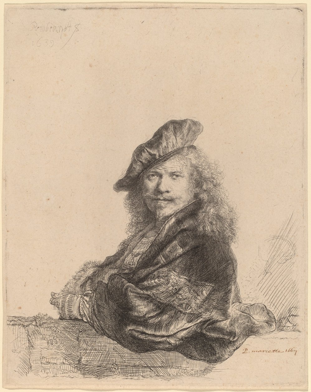 Selvportrett lener seg på en steinterskel av Rembrandt van Rijn