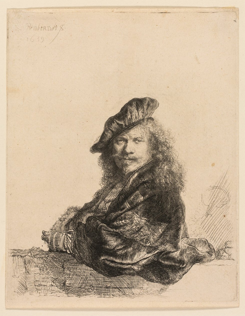 Selvportrett lener seg på en steinterskel av Rembrandt van Rijn