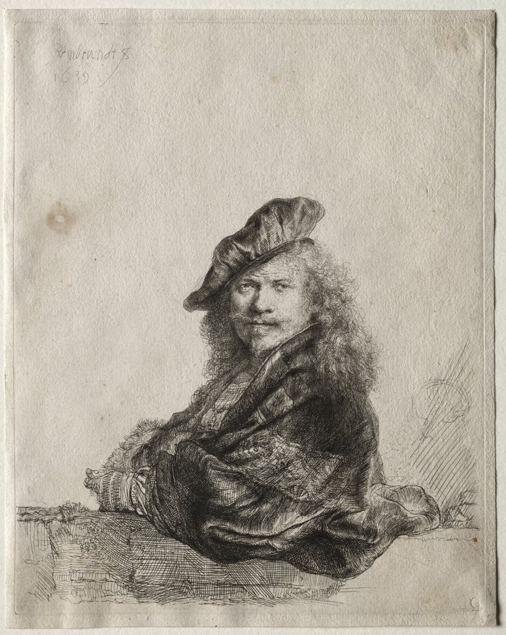Selvportrett lener seg på en steinterskel av Rembrandt van Rijn