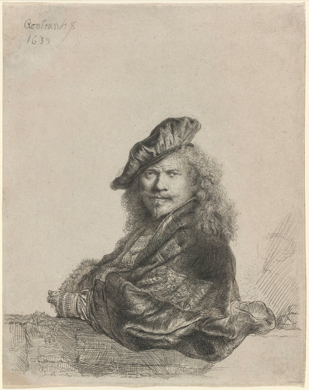 Selvportrett mens jeg lener meg mot en steinkarm av Rembrandt van Rijn