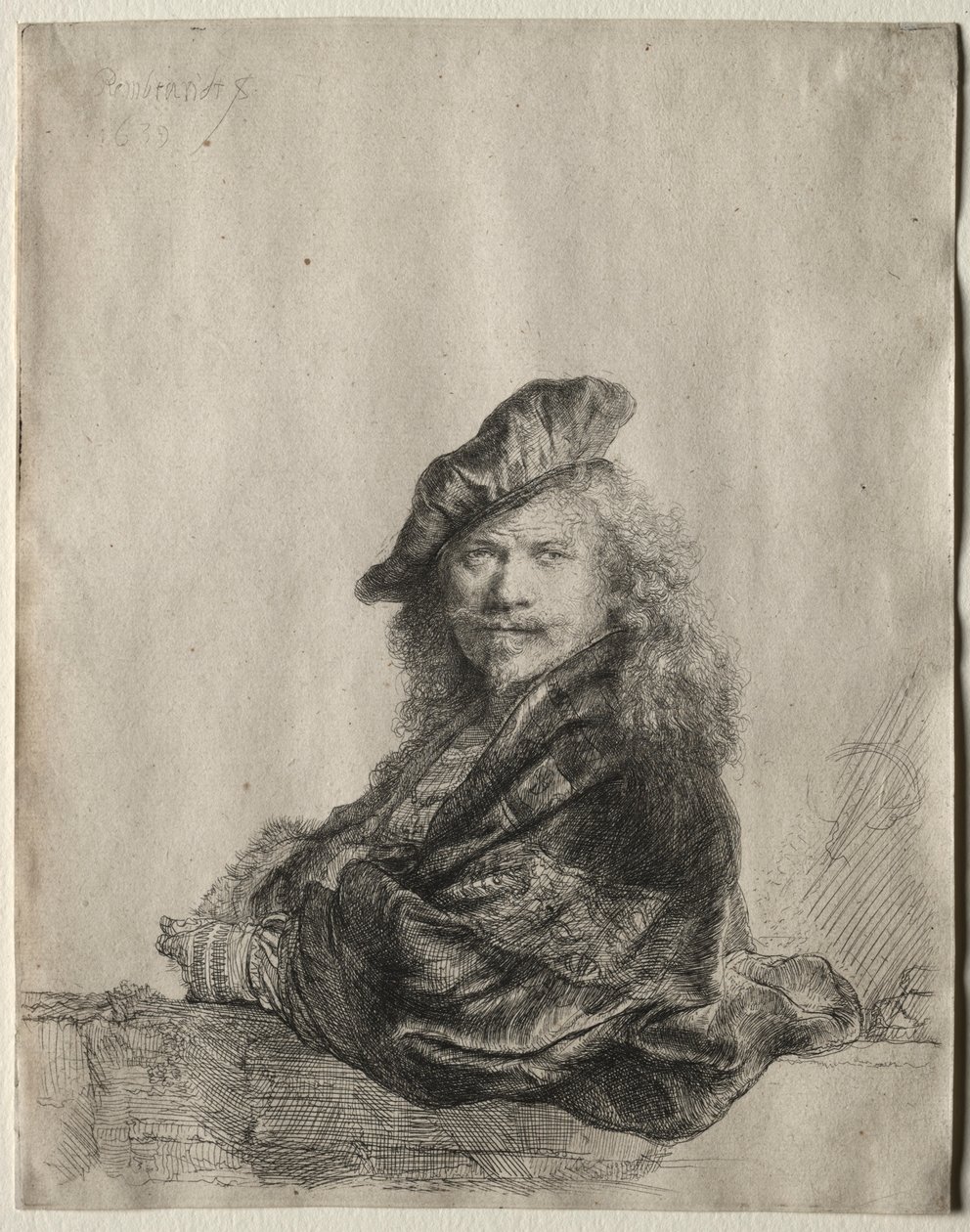 Selvportrett lener seg på en steinterskel, 1639. av Rembrandt van Rijn