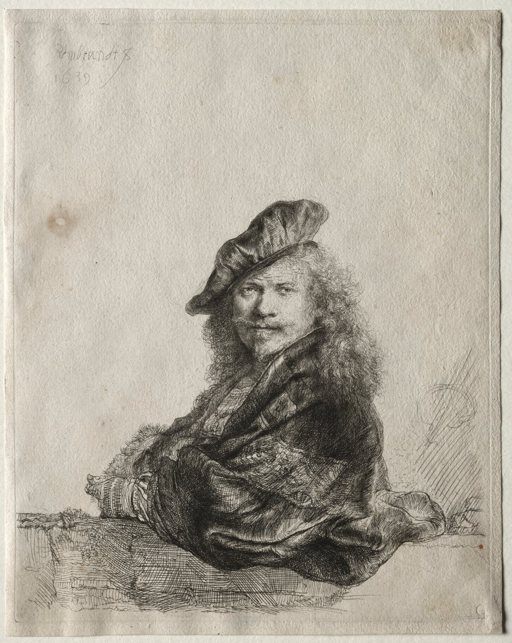 Selvportrett lener seg på en steinterskel, 1639. av Rembrandt van Rijn