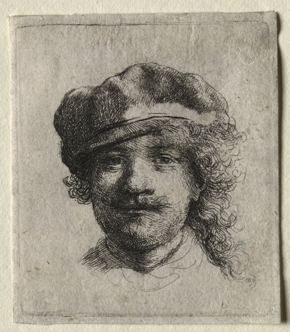Selvportrett med myk hette: Helt ansikt, kun hode av Rembrandt van Rijn