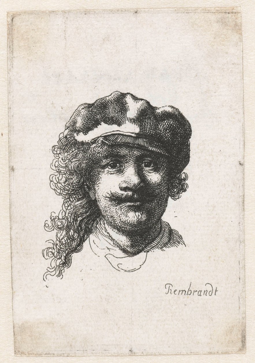 Selvportrett med myk hette: Helt ansikt, kun hode, ca. 1635. av Rembrandt van Rijn