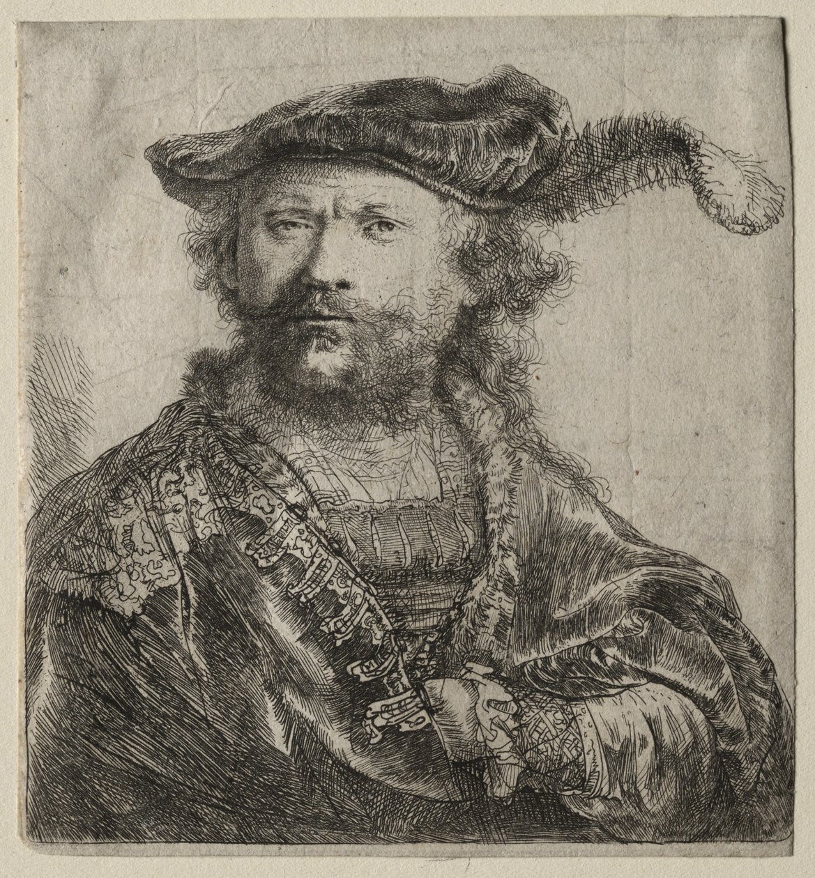 Selvportrett i fløyelshette med sky av Rembrandt van Rijn