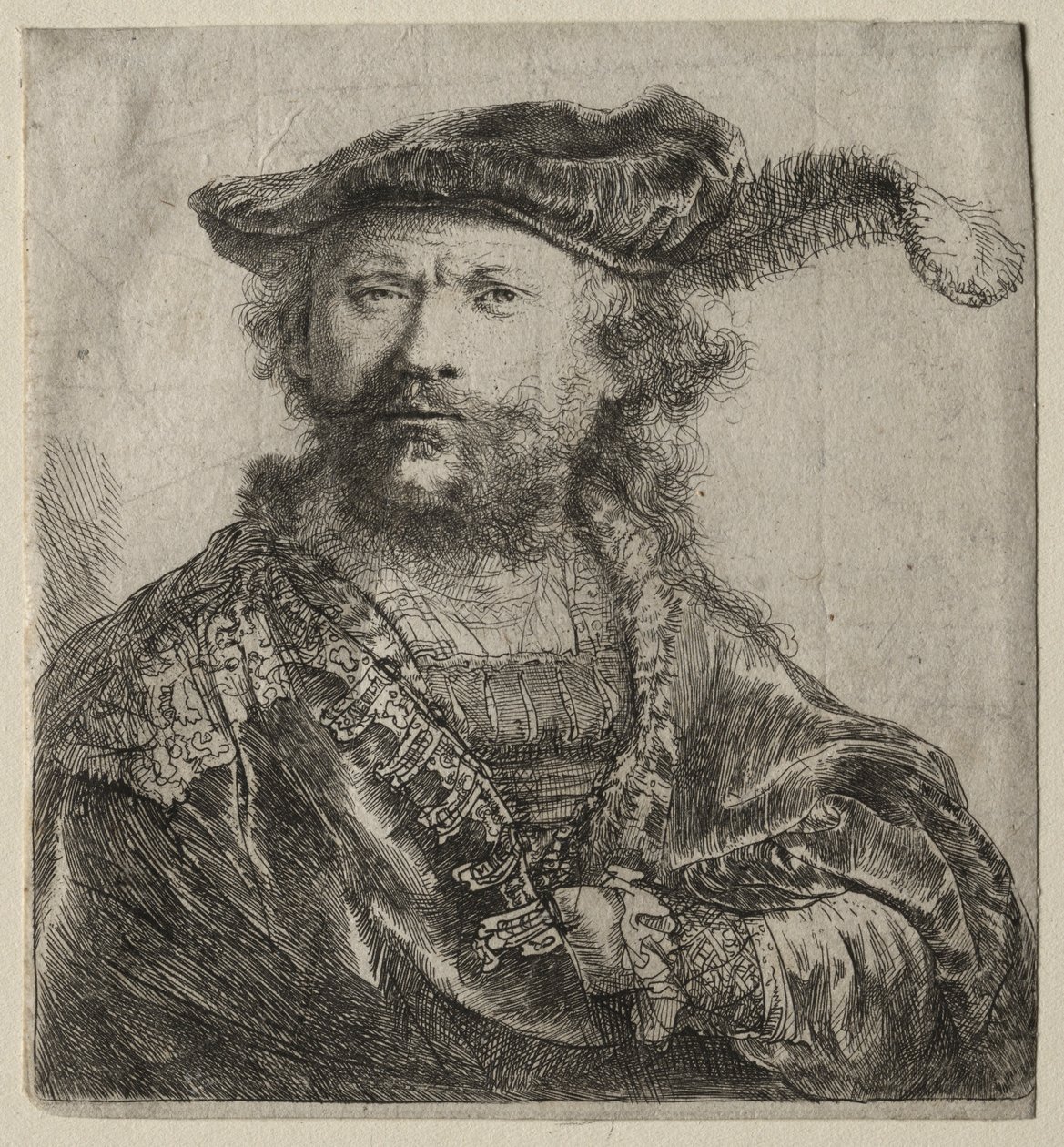 Selvportrett i fløyelshette med plum, 1638. av Rembrandt van Rijn