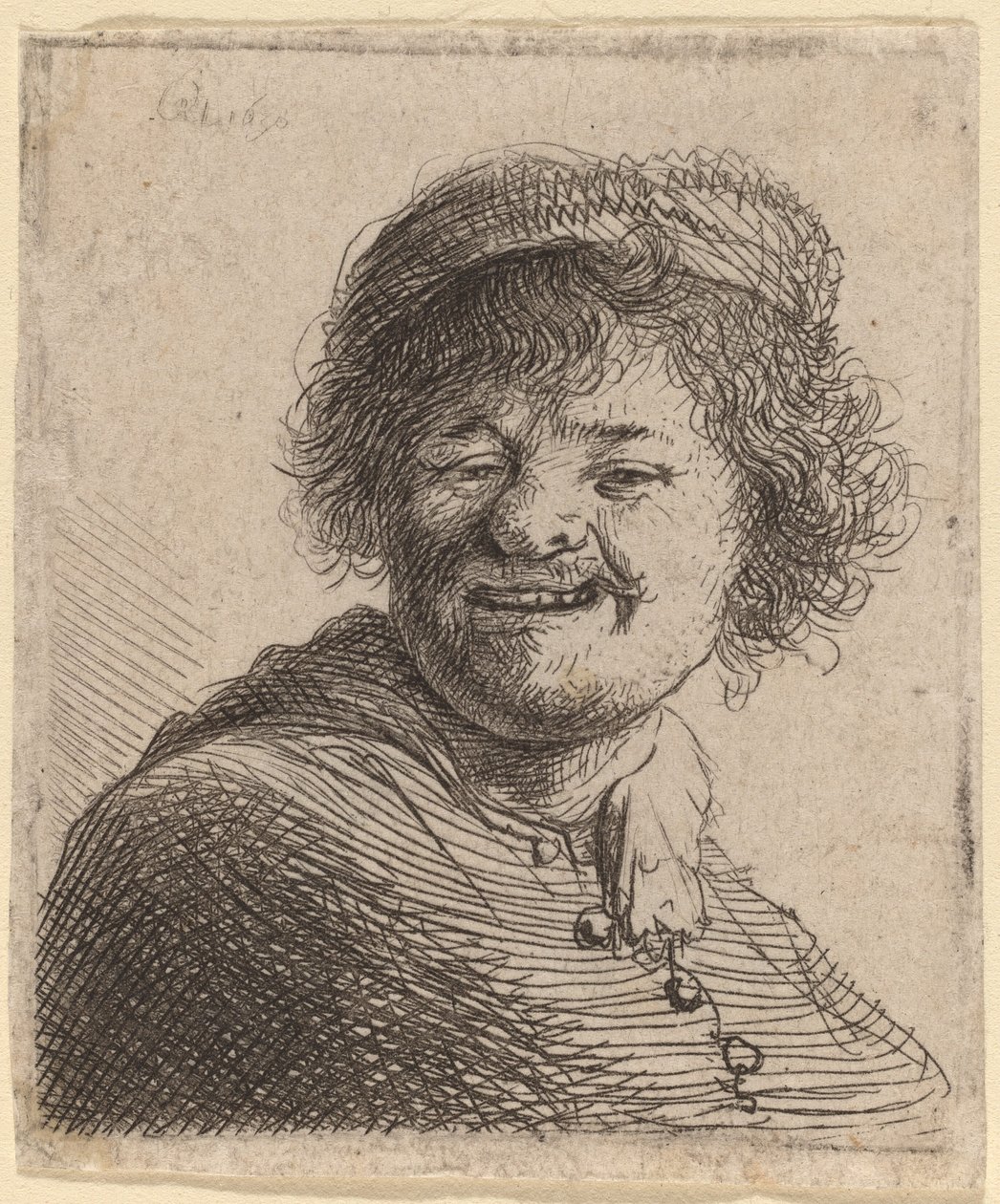 Selvportrett i lue: Ler av Rembrandt van Rijn