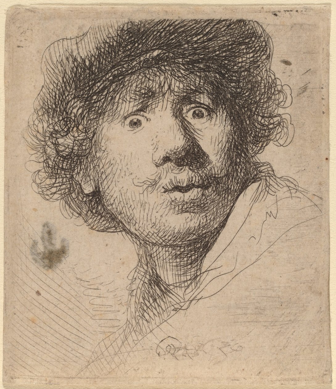 Selvportrett med lue, åpen munn av Rembrandt van Rijn