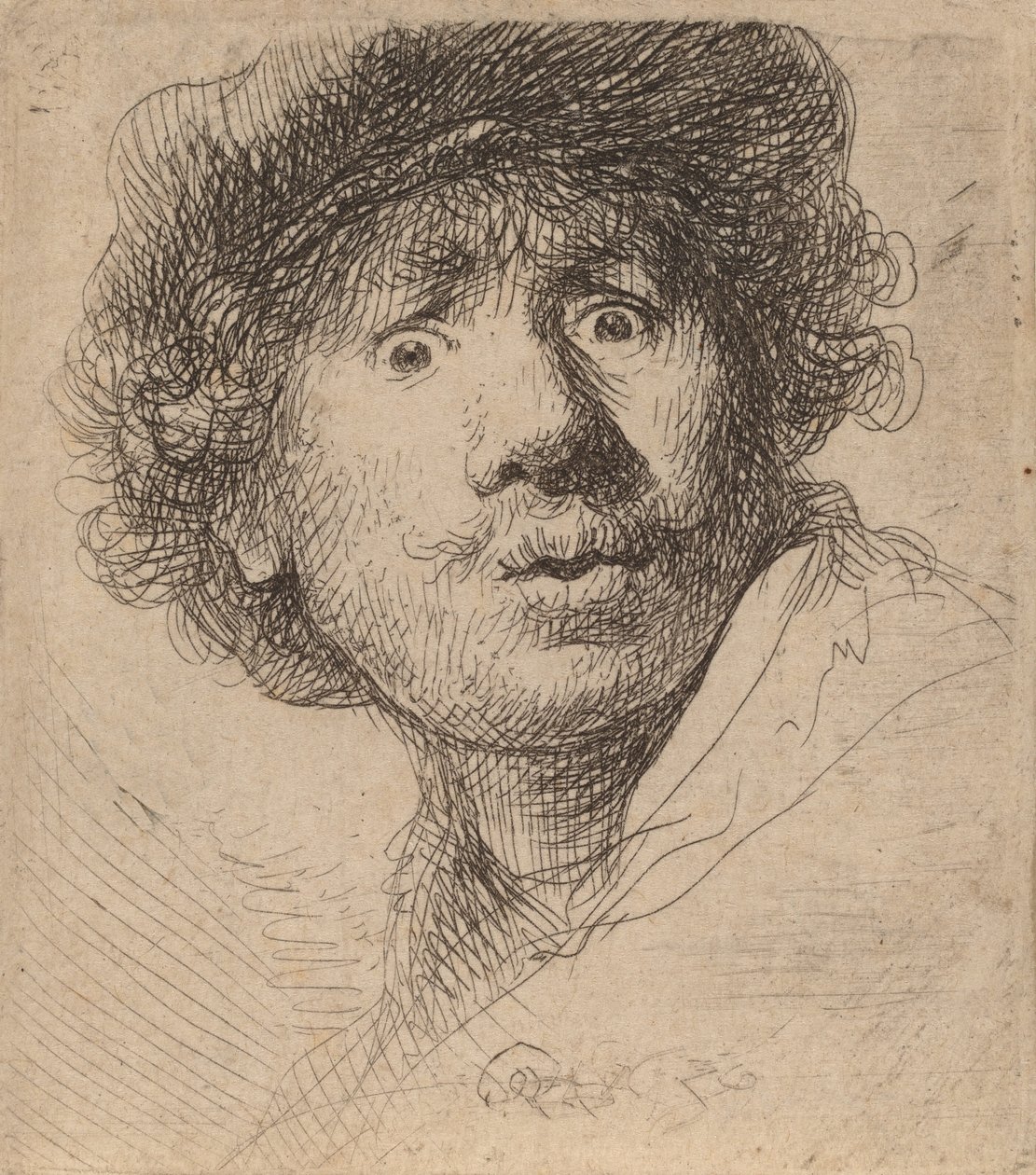 Selvportrett med lue, åpen munn, 1630. av Rembrandt van Rijn