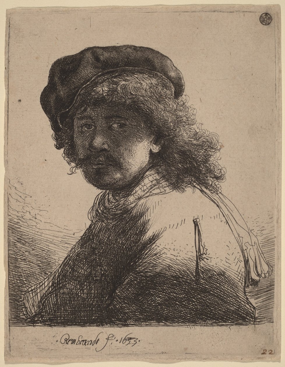 Selvportrett med lue og skjerf, med mørkt ansikt av Rembrandt van Rijn