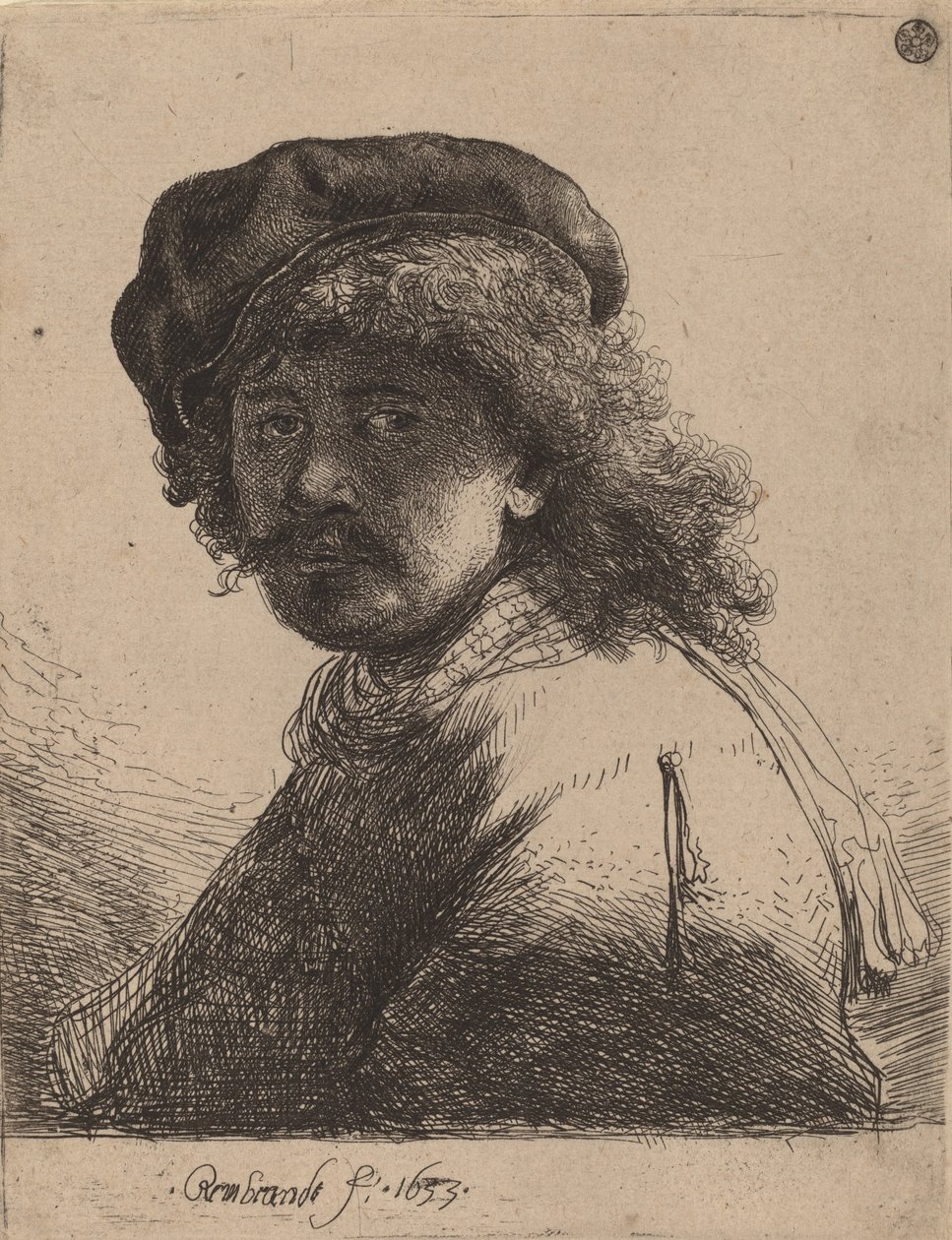 Selvportrett i lue og skjerf med ansiktet mørkt, 1633. av Rembrandt van Rijn