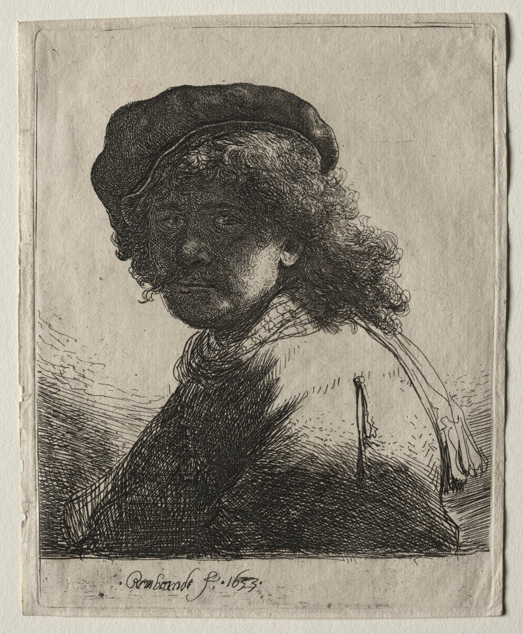 Selvportrett i lue og skjerf med ansiktet mørkt: Bust, 1633. av Rembrandt van Rijn
