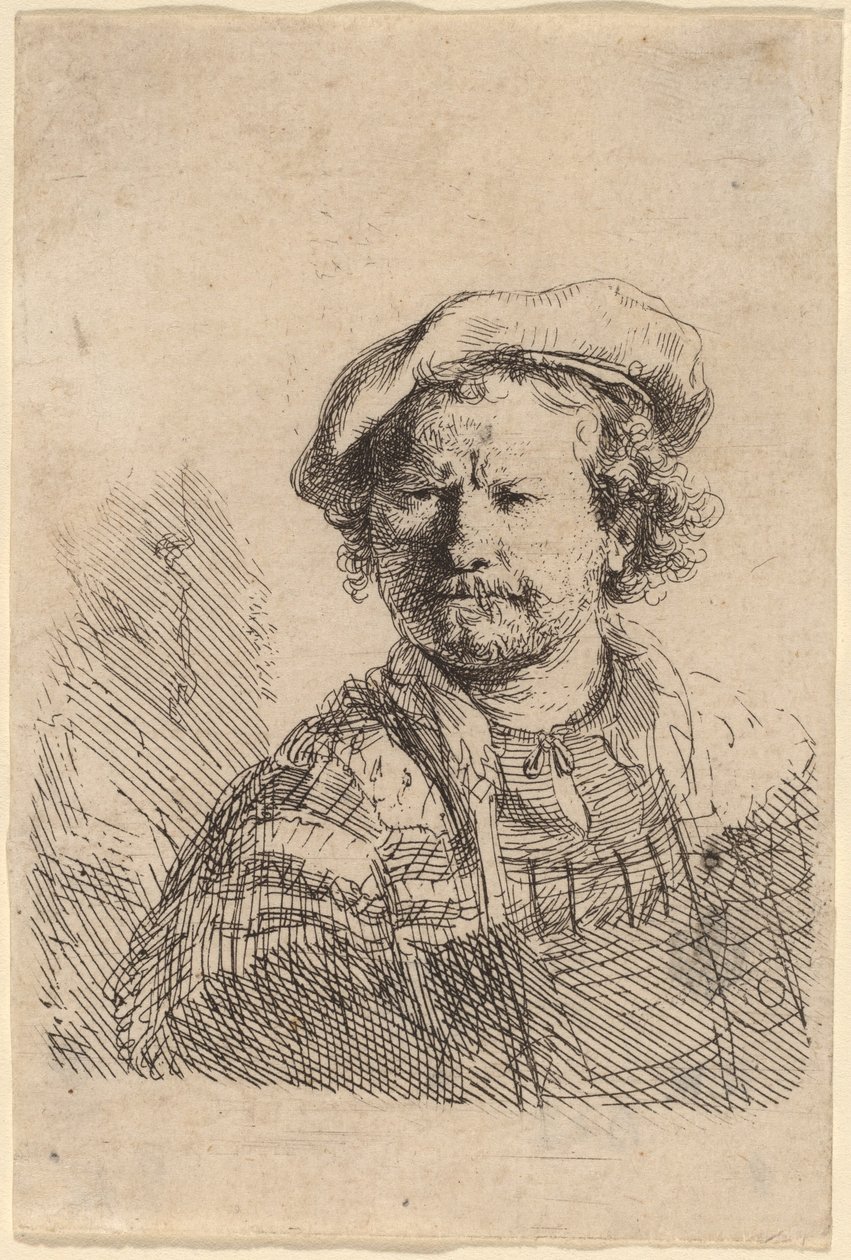 Selvportrett i flat caps og brodert kjole av Rembrandt van Rijn