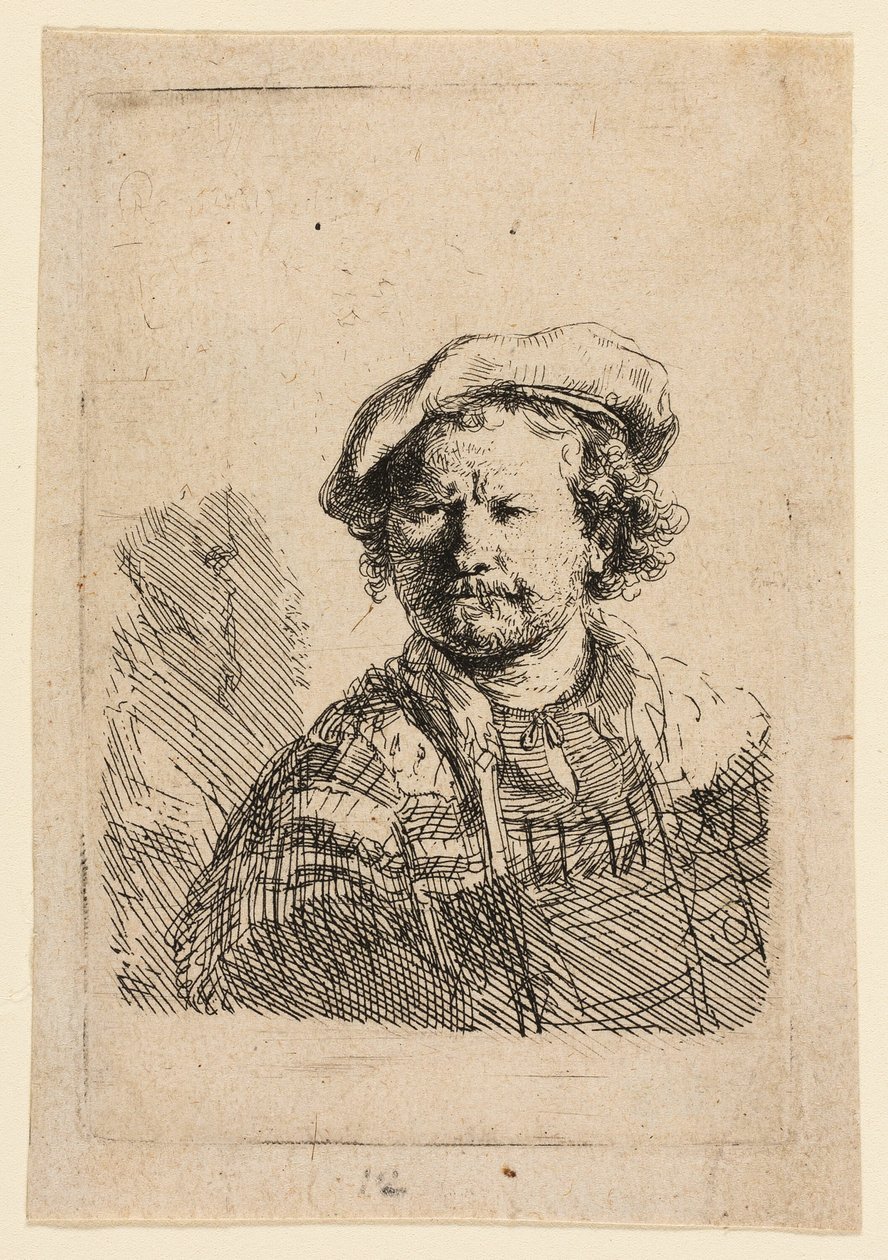 Selvportrett i flat caps og brodert kjole av Rembrandt van Rijn