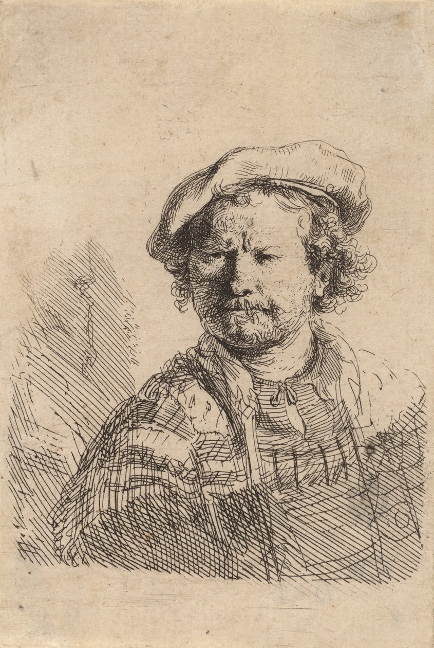 Selvportrett i flat caps og brodert kjole, ca. 1642. av Rembrandt van Rijn