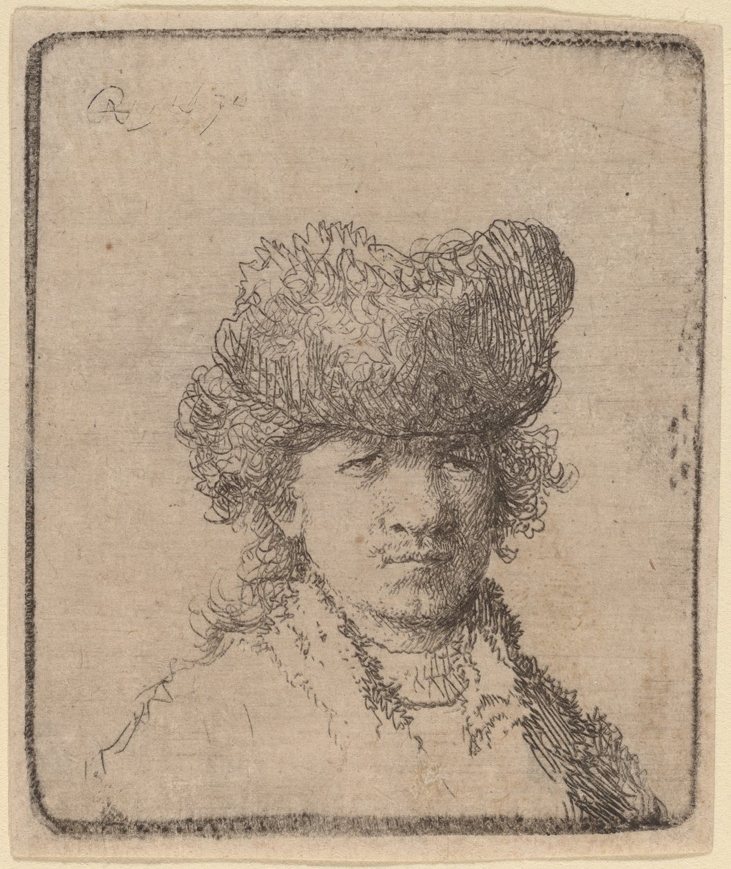 Selvportrett i en pelshatt av Rembrandt van Rijn